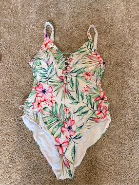 Floral Lace-Up One-Piece Swimsuit in Cream with Pink & Green